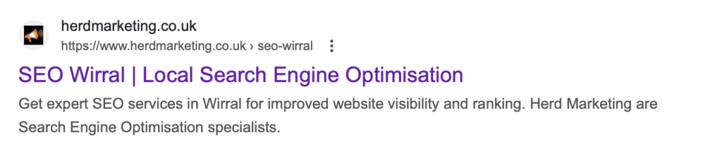 SEO Wirral Screen Shot of Meta Title and Description